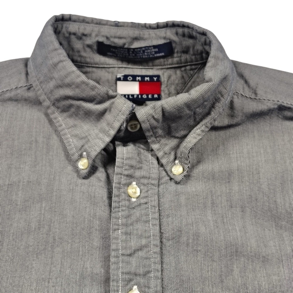 Vintage Tommy‎ Hilfiger Mens XL Grey White Micro Stripe Cotton Button Down Shirt
